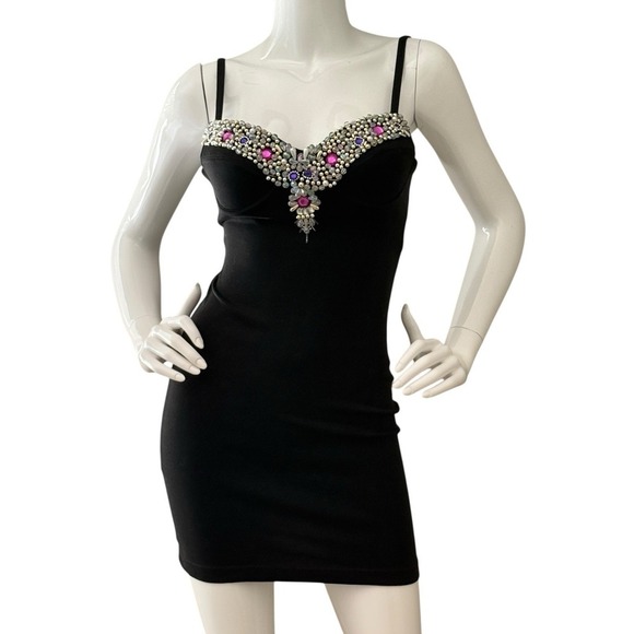 Vintage 90s Contempo Strappy Bodycon Mini Dress S Black Bejeweled Party Clubwear - Picture 9 of 16